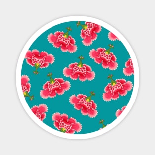 Chinese Vintage Pink and Red Flowers with Teal Blue - Hong Kong Traditional Floral Pattern Magnet